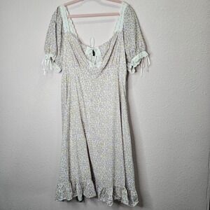 Forever 21 Floral Midi Dress 2X White Purple Lace Trim‎ Tie Cottagecore Milkmaid